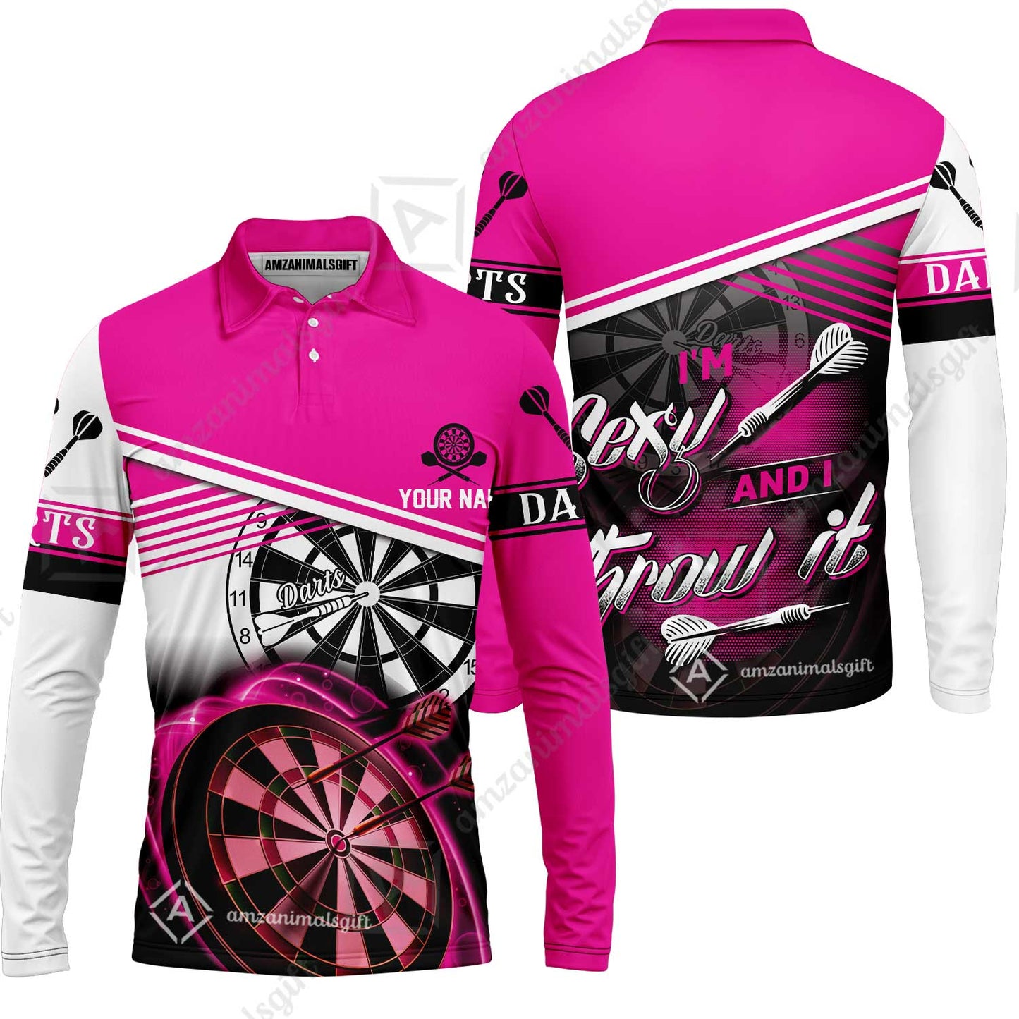 Darts Custom Name Men Polo Shirt, Dartboard Personalized Pink Men Polo Shirt Gift For Darts Lovers, Friend, Team, I'm Sexy And I Throw It