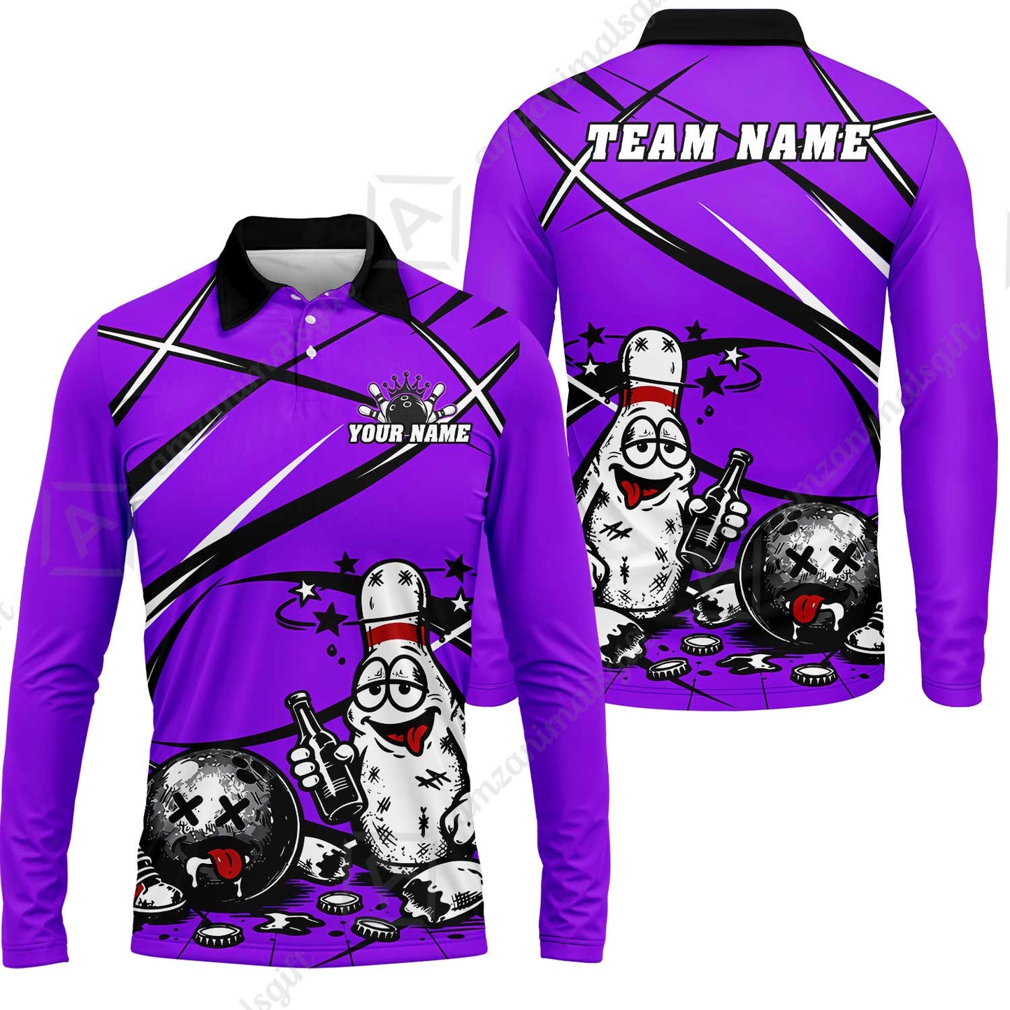 Custom Bowling Jersey Polo Shirt, Drunk Bowling Pin And Ball, Custom Bowling Jersey Team Shirt For Players With Name & Team Name