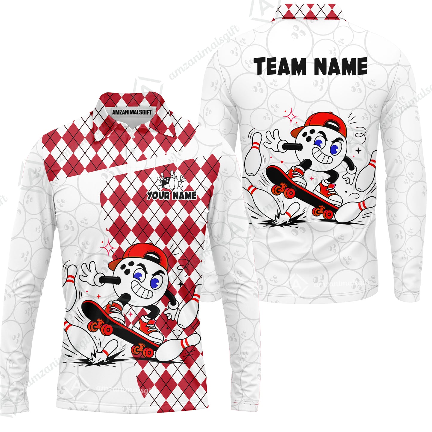 Custom Bowling Jersey Polo Shirt, Skateboarder Bowling Ball Mascot, Custom Bowling Jersey Team Shirt For Players With Name and Team Name