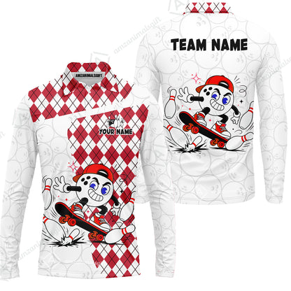 Custom Bowling Jersey Polo Shirt, Skateboarder Bowling Ball Mascot, Custom Bowling Jersey Team Shirt For Players With Name and Team Name