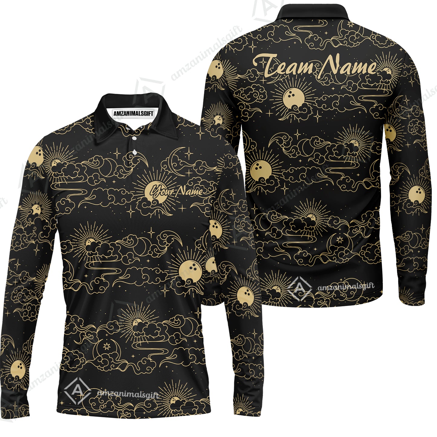 Custom Bowling Jersey Polo Shirt, Black Gold Celestial Bowling, Custom Bowling Jersey Team Shirt For Players With Name & Team Name