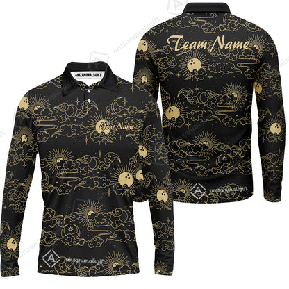 Custom Bowling Jersey Polo Shirt, Black Gold Celestial Bowling, Custom Bowling Jersey Team Shirt For Players With Name & Team Name