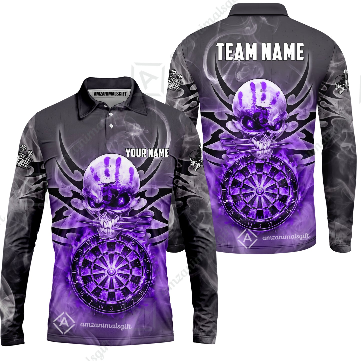 Custom Darts Jersey Polo Shirt, Glowing Fire Skull Tribal, Custom Dart Jersey Team Shirt For Players With Name & Team Name