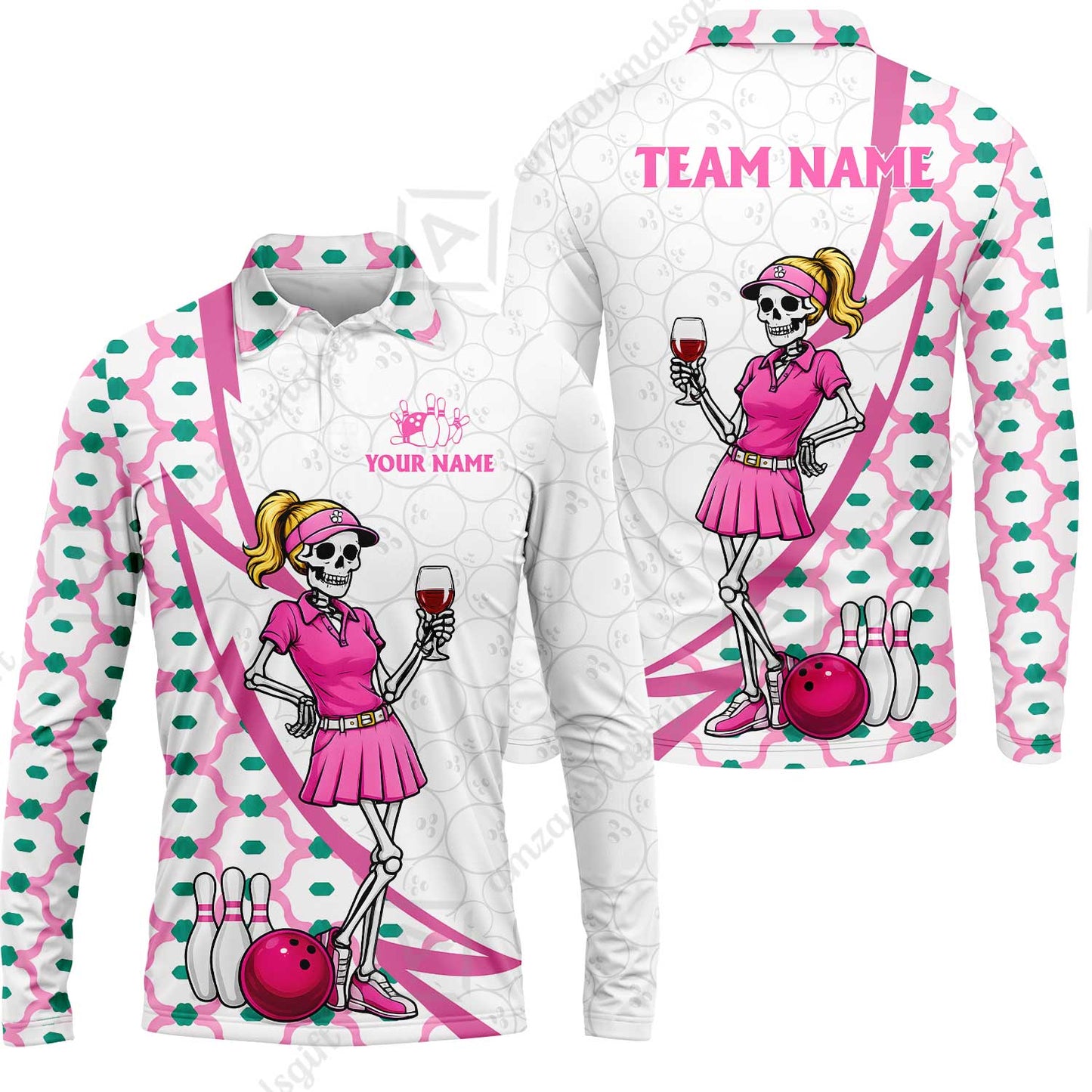 Custom Bowling Jersey Polo Shirt, Pink Skeleton Bowling, Personalize Name and Team Name