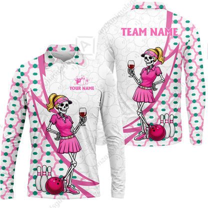 Custom Bowling Jersey Polo Shirt, Pink Skeleton Bowling, Personalize Name and Team Name