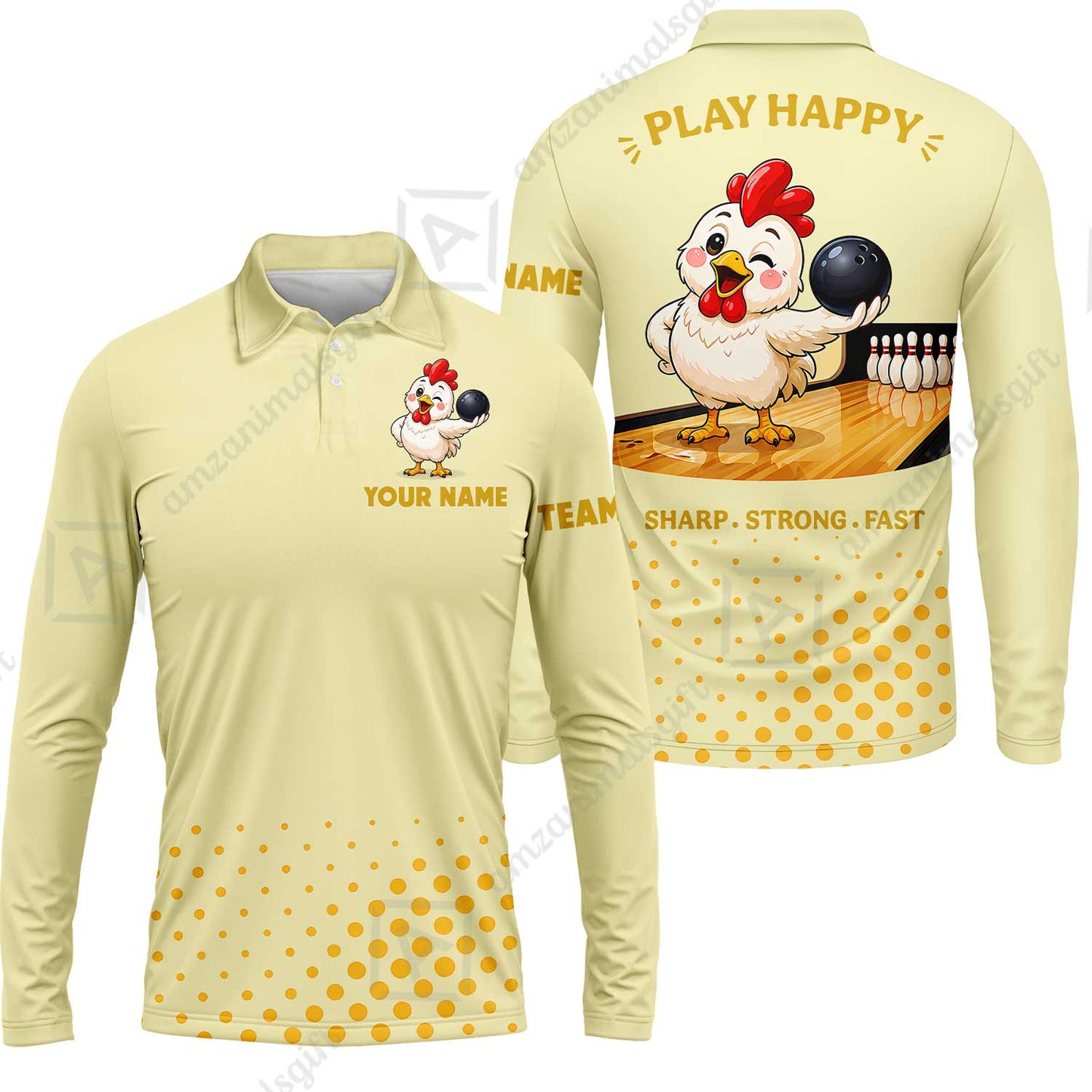 Custom Bowling Jersey Polo Shirt, Happy Rooster, Custom Bowling Jersey Team Shirt For Players With Name and Team Name