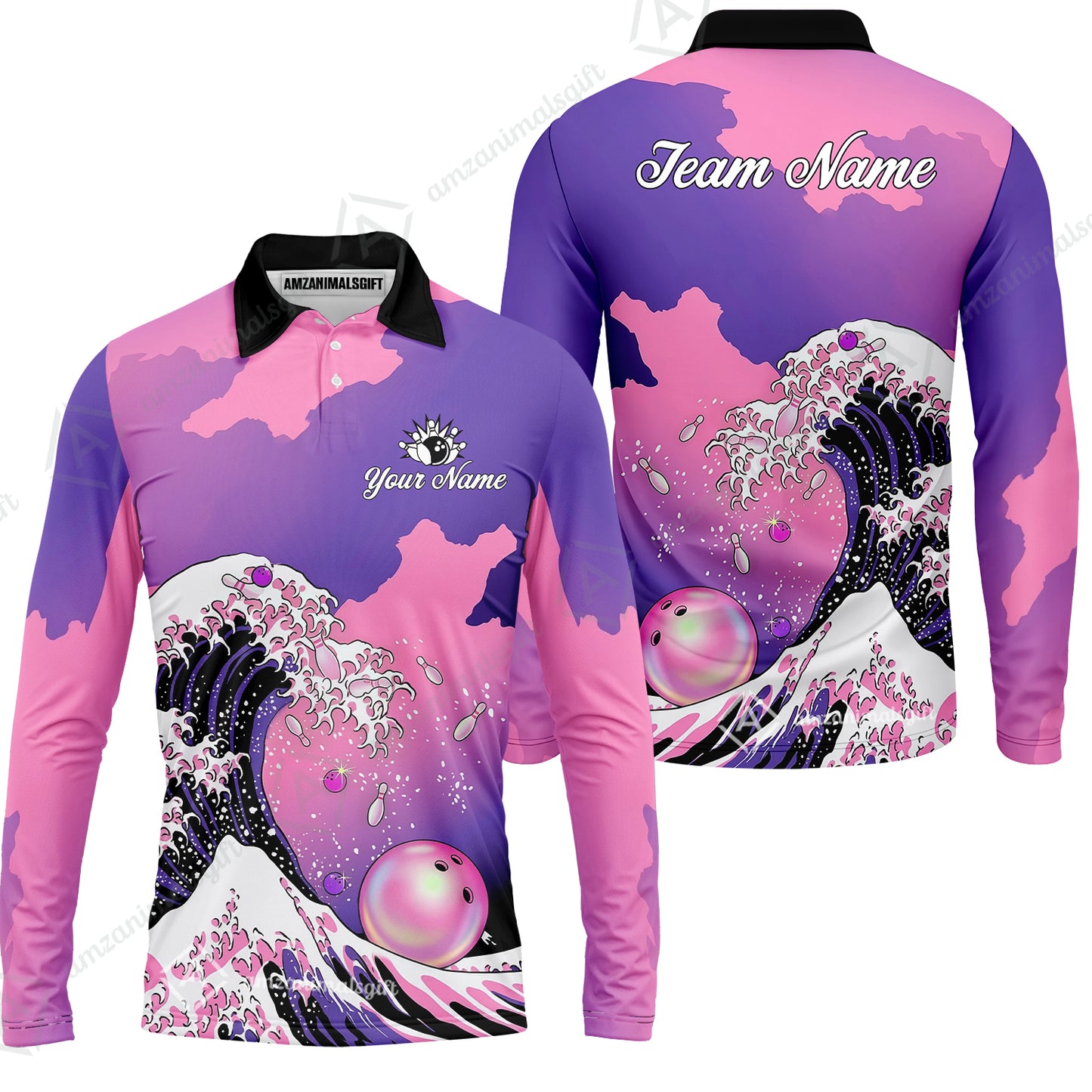 Custom Bowling Polo Shirt, Ocean Wave Bowling, Custom Bowling Polo Team Shirt For Players With Name & Team Name