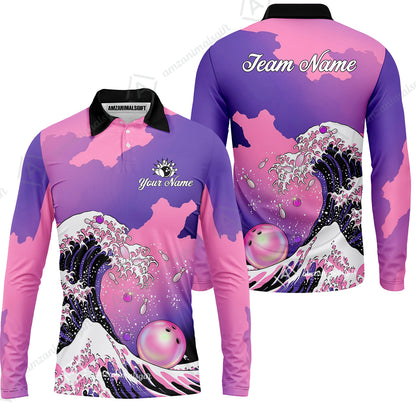 Custom Bowling Polo Shirt, Ocean Wave Bowling, Custom Bowling Polo Team Shirt For Players With Name & Team Name