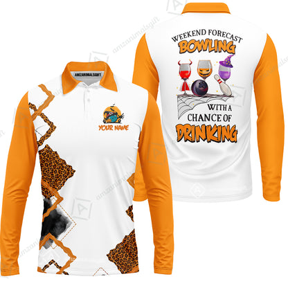 Custom Bowling Jersey Polo Shirt, Weekend Forecast Bowling With A Chance Of Drinking, Personalize Name and Team Name