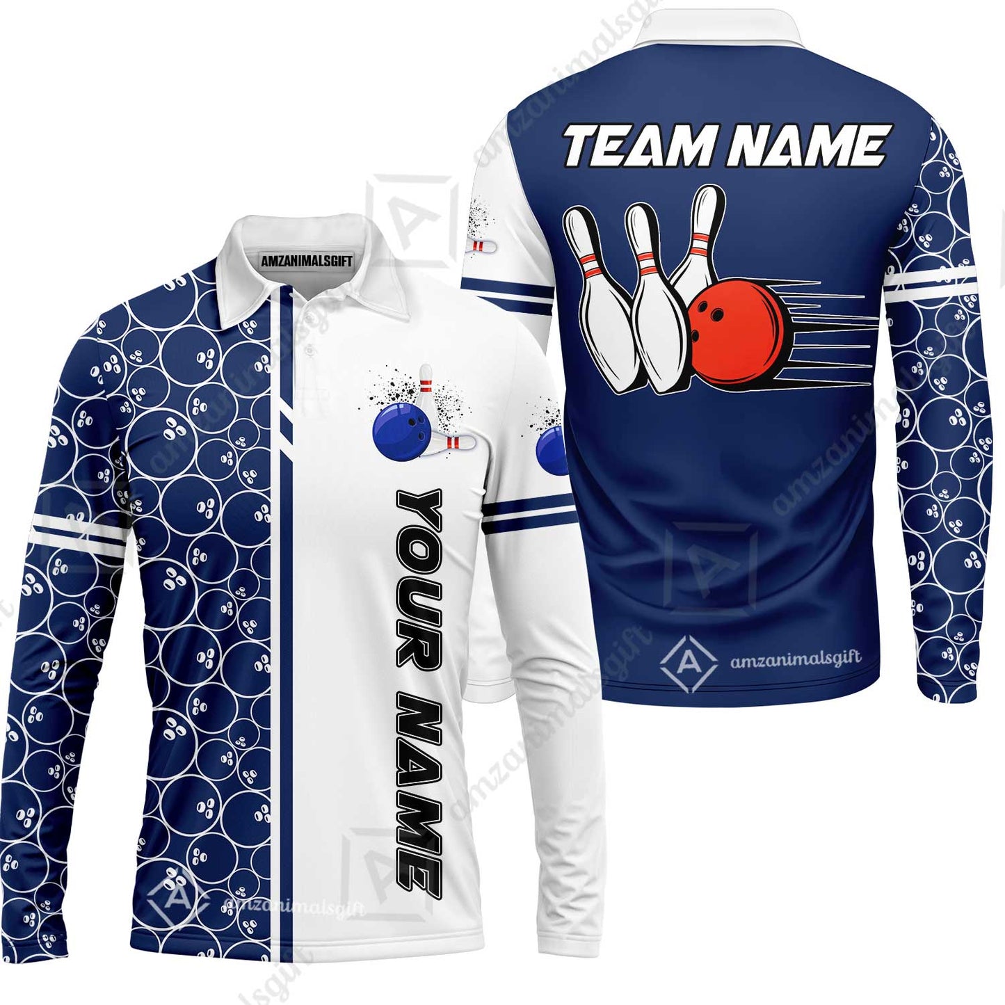 Customized Bowling Team Long Sleeve Polo Shirt, Bowling White And Blue Pattern Shirt Personalized Name And Team Name