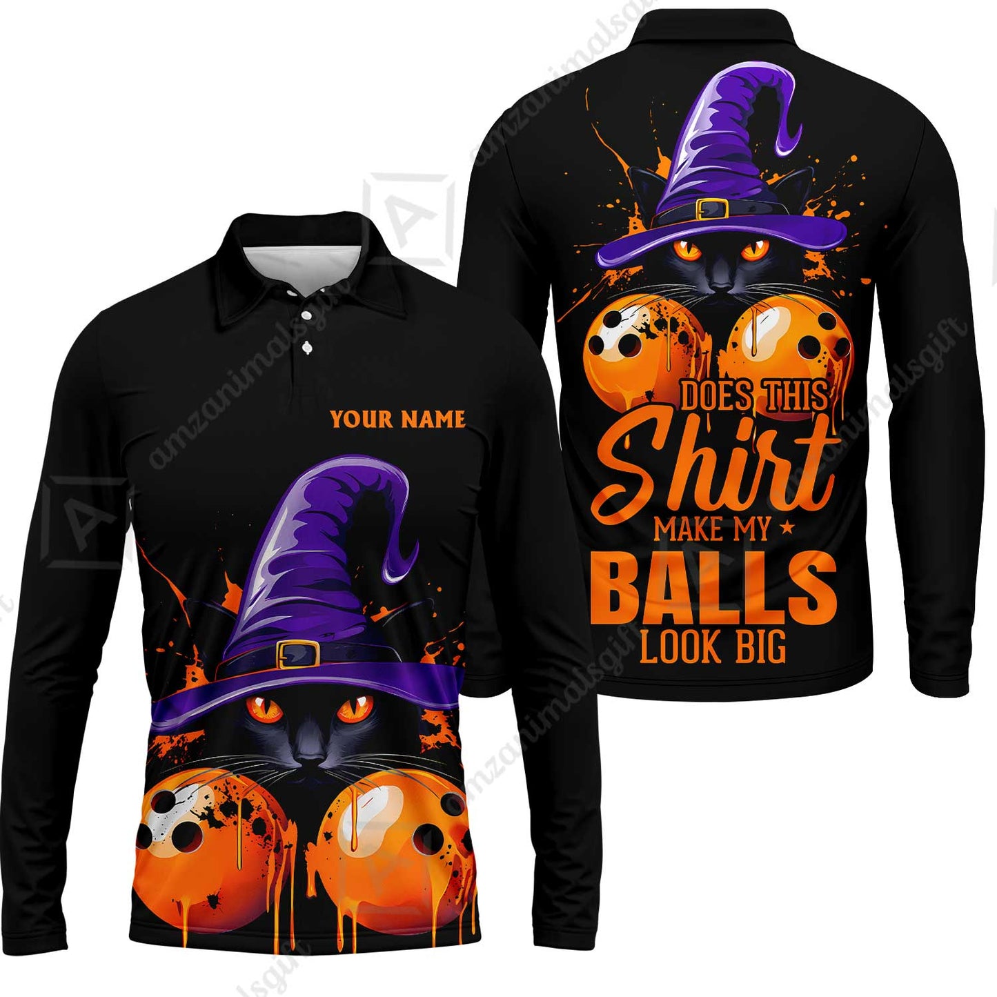 Custom Bowling Jersey Polo Shirt, Witch Cat Bowling, Does This Shirt Make My Balls Look Big, Personalized Name And Team Name