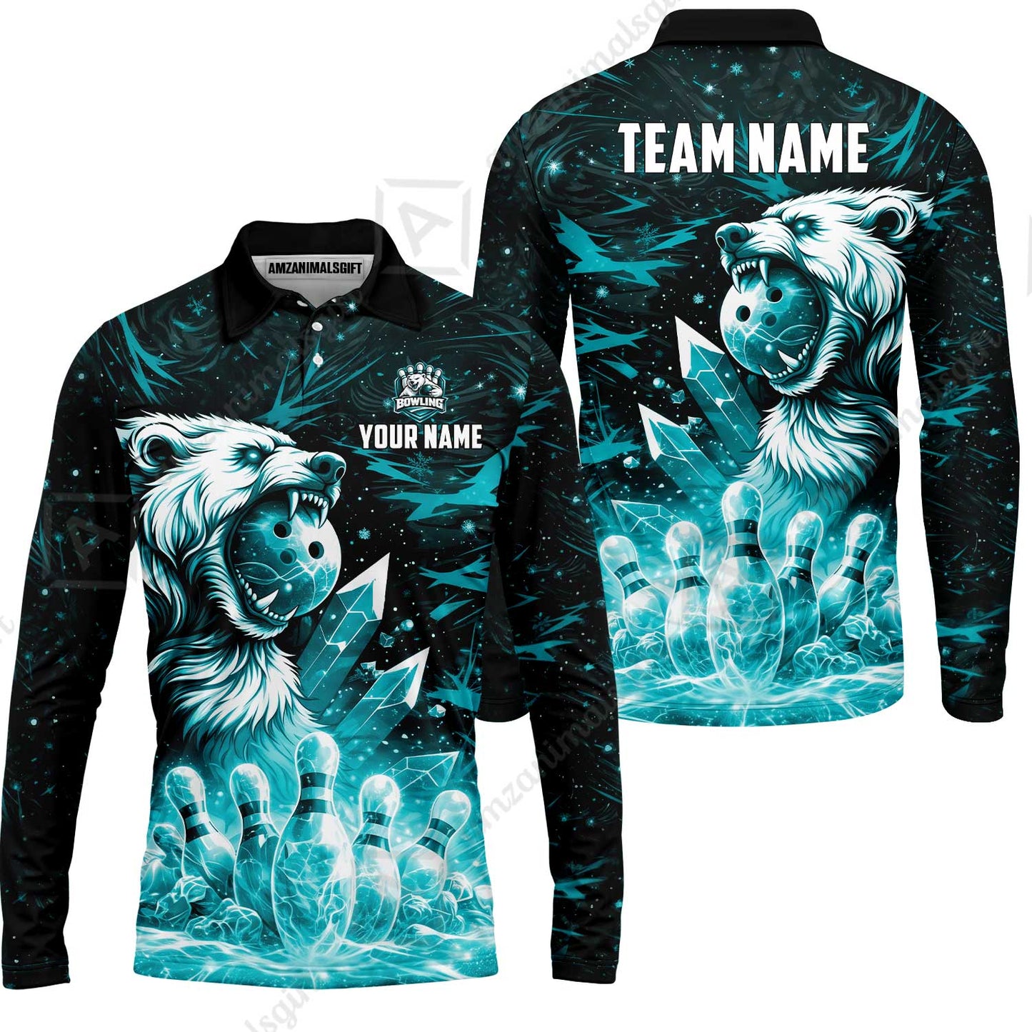 Custom Bowling Jersey Polo Shirt, Arctic Bear & Crystal Galaxy, Custom Bowling Jersey Team Shirt For Players With Name & Team Name