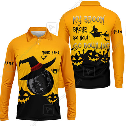 Custom Bowling Jersey Polo Shirt, Halloween My Broom Broke So Now I Go Bowling, Personalized Name And Team Name