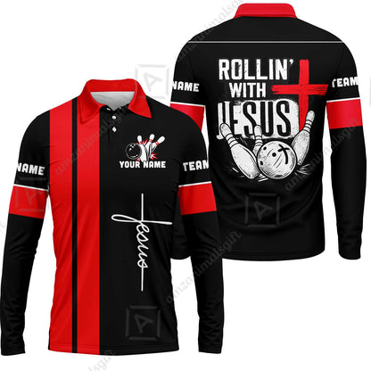 Custom Bowling Jersey Polo Shirt, Rollin With Jesus Bowling Custom Bowling Jersey Team Shirt For Players With Name & Team Name