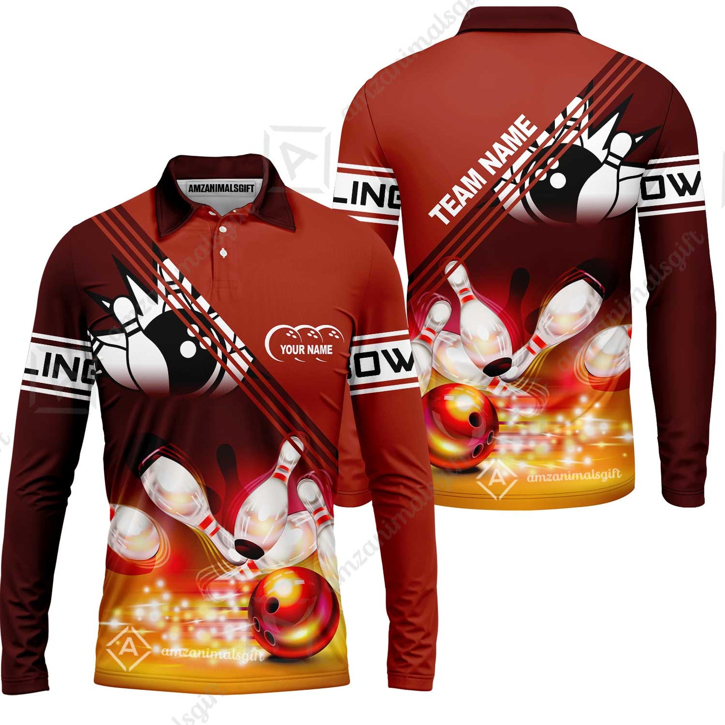 Customized Bowling Jersey Shirt, Red Bowling Ball Crashing into the Pins Personalized Name Team Name Logo Polo Shirts for Tom Taylor