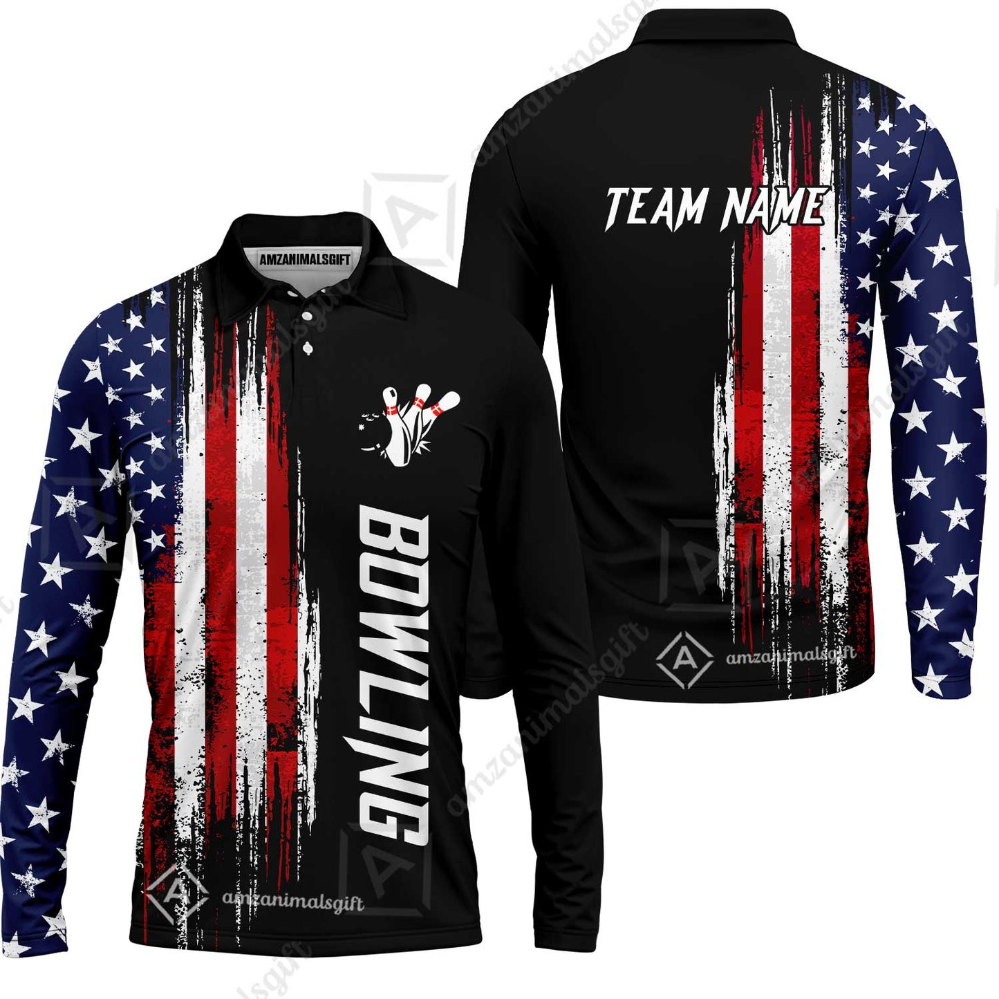 Personalized Polo American Flag Bowling Black Shirt, Bowling Jersey Shirt For Tournament Team Men Women Bowlers