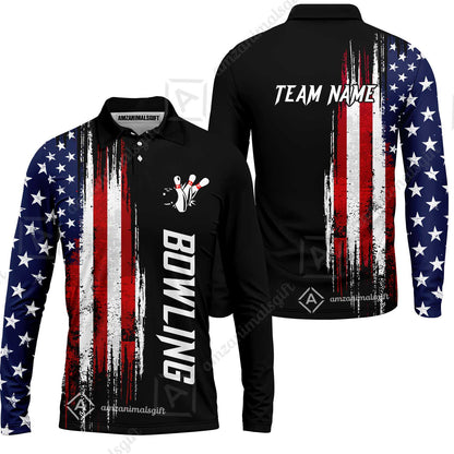 Personalized Polo American Flag Bowling Black Shirt, Bowling Jersey Shirt For Tournament Team Men Women Bowlers