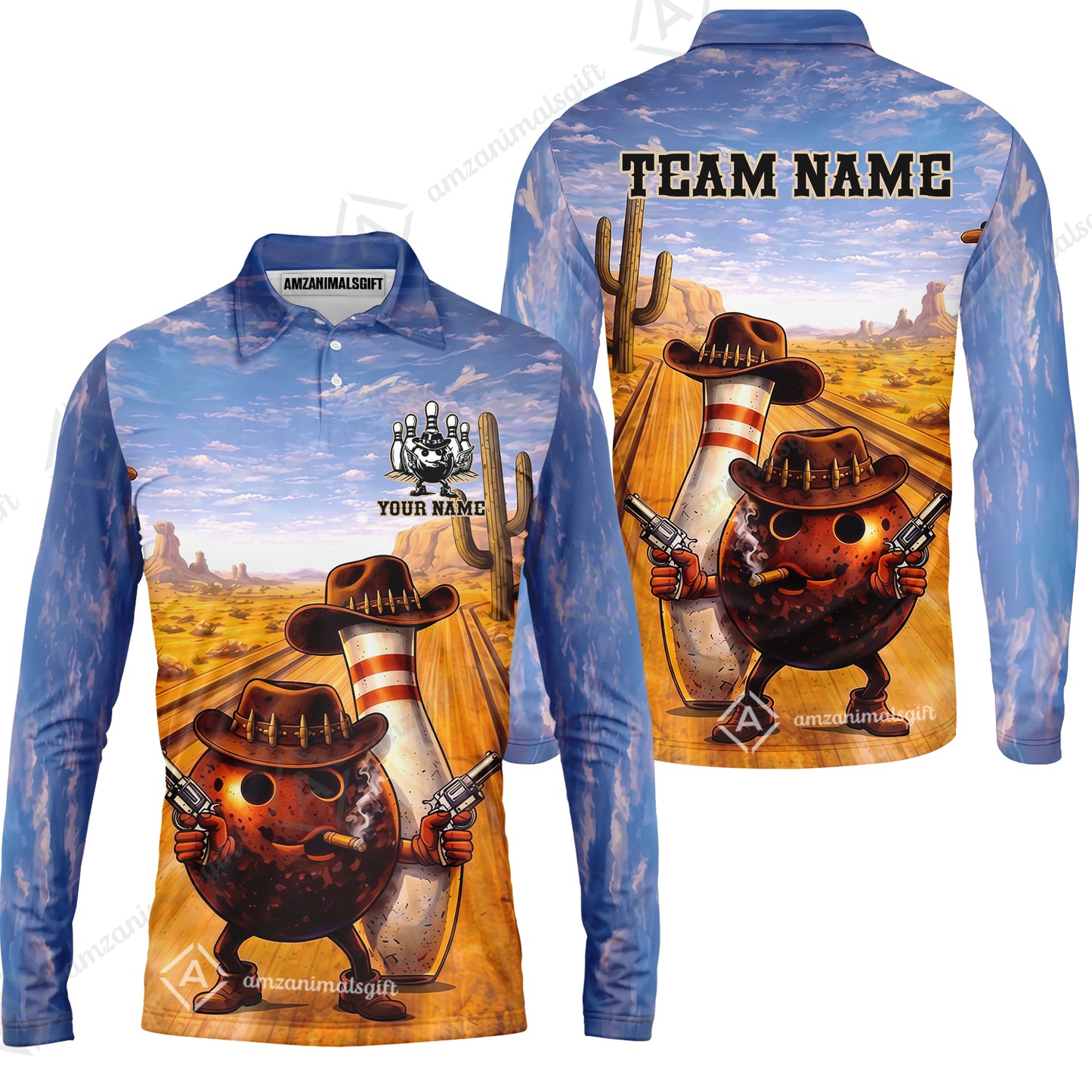 Custom Bowling Jersey Polo Shirt, Wild West Cowboy Gunslinger, Custom Bowling Jersey Team Shirt For Players With Name and Team Name