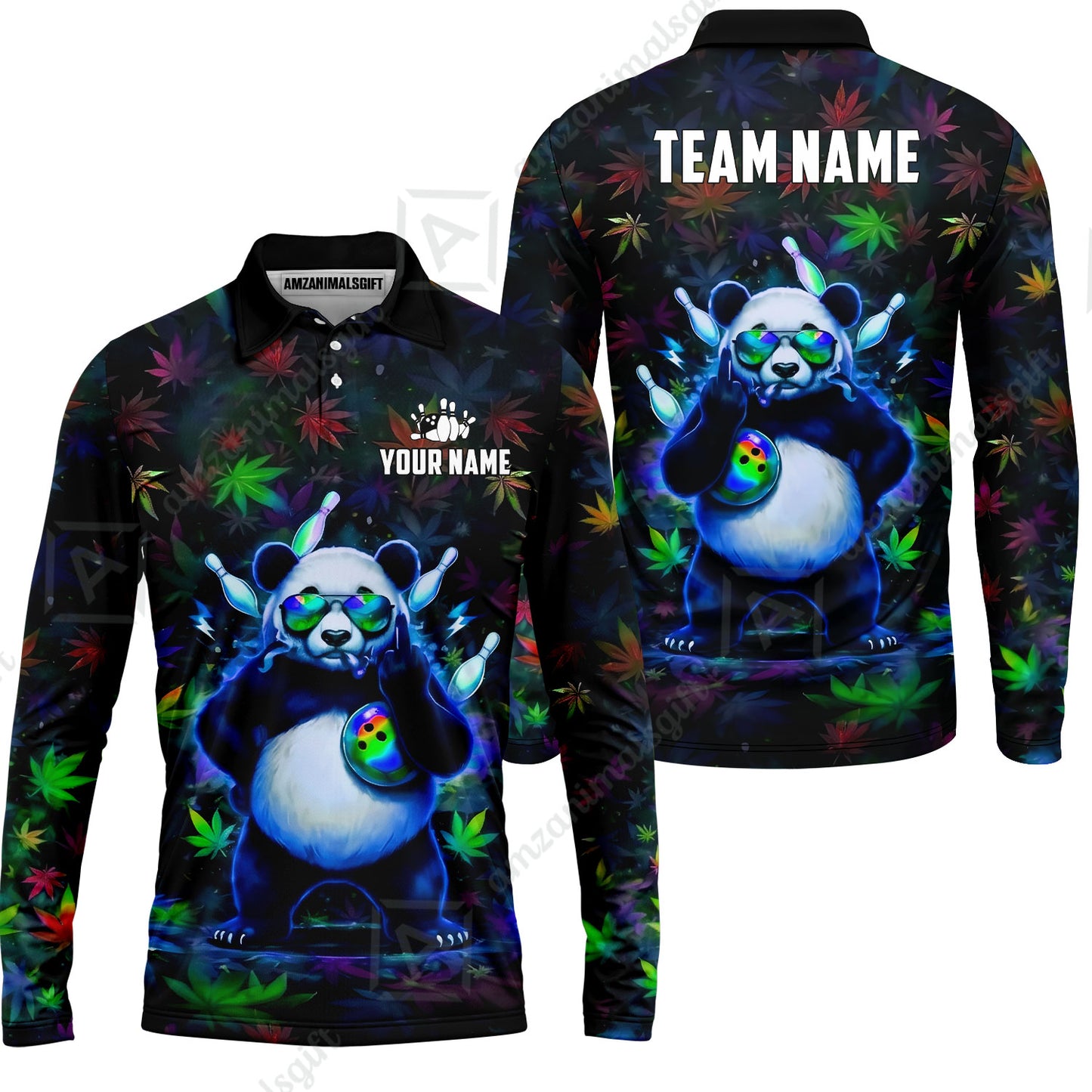 Custom Bowling Jersey Polo Shirt, Badass Stoner Panda & Psychedelic Leaves, Custom Bowling Jersey Team Shirt For Players With Name & Team Name