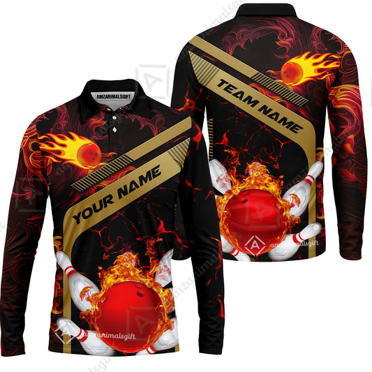 Customized Bowling Unisex Long Sleeve Polo Shirt , Bowling In Flaming With Magna Pattern Long Sleeve Polo Shirt  Uniform For Bowlers
