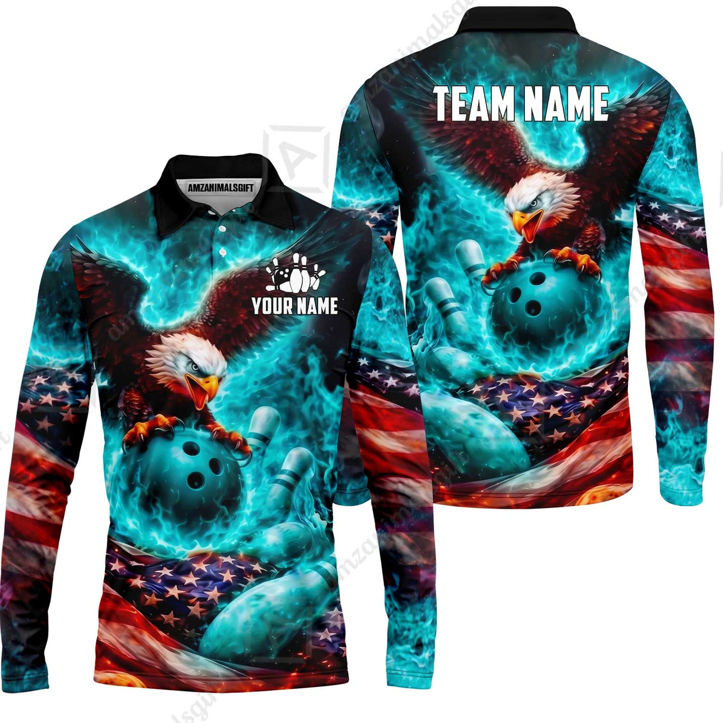 Custom Bowling Jersey Polo Shirt, Patriotic Blue Fire Eagle, Custom Bowling Jersey Team Shirt For Players With Name and Team Name
