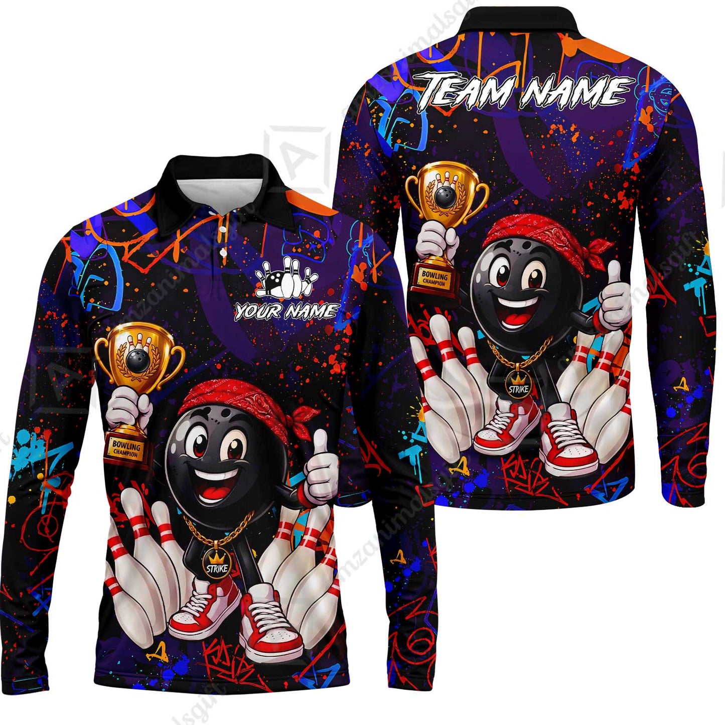 Custom Bowling Jersey Polo Shirt, Graffiti Champion, Custom Bowling Jersey Team Shirt For Players With Name & Team Name