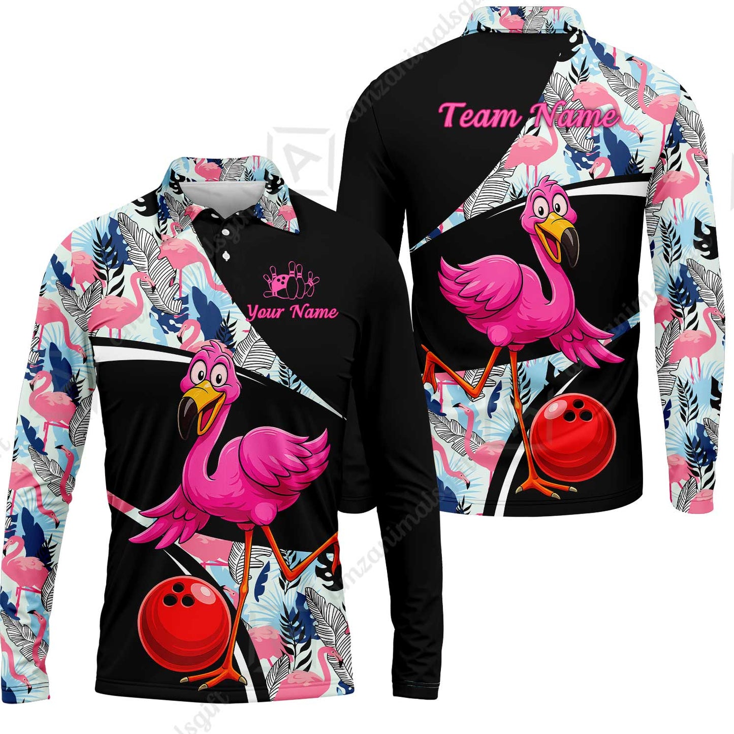 Custom Funny Cartoon Flamingo Bowling Jersey Polo Shirt, Custom Funny Cartoon Flamingo Bowling Jersey Team Shirt For Players With Name & Team Name