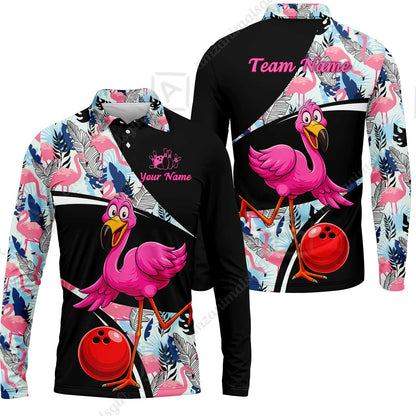 Custom Funny Cartoon Flamingo Bowling Jersey Polo Shirt, Custom Funny Cartoon Flamingo Bowling Jersey Team Shirt For Players With Name & Team Name