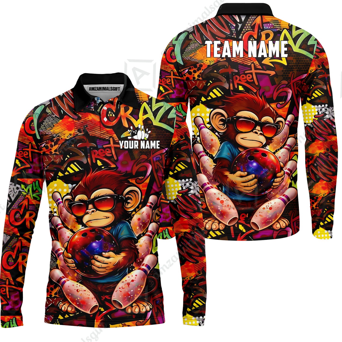 Custom Bowling Jersey Polo Shirt, Street Graffiti Funny Monkey Mascot, Custom Bowling Jersey Team Shirt For Players With Name & Team Name