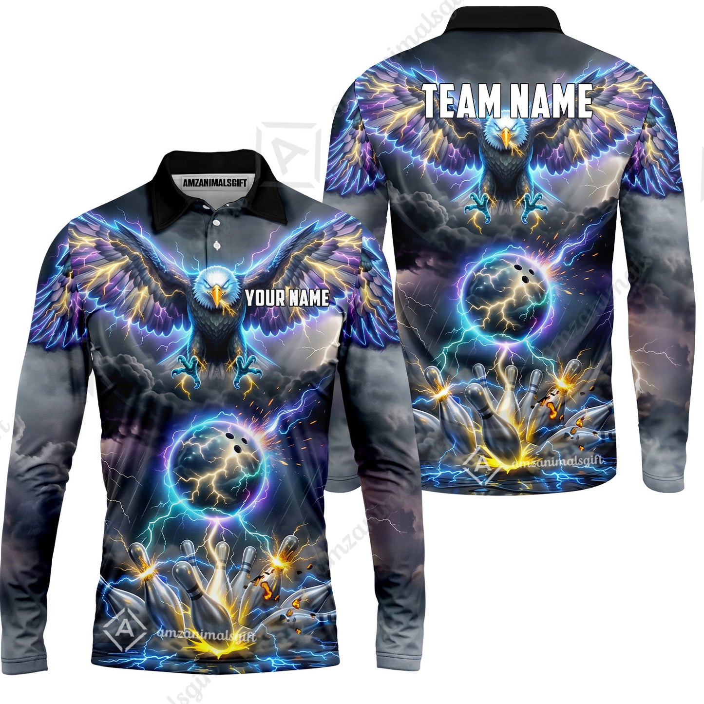 Custom Bowling Jersey Polo Shirt, Majestic Electric Lightning Eagle, Custom Bowling Jersey Team Shirt For Players With Name and Team Name