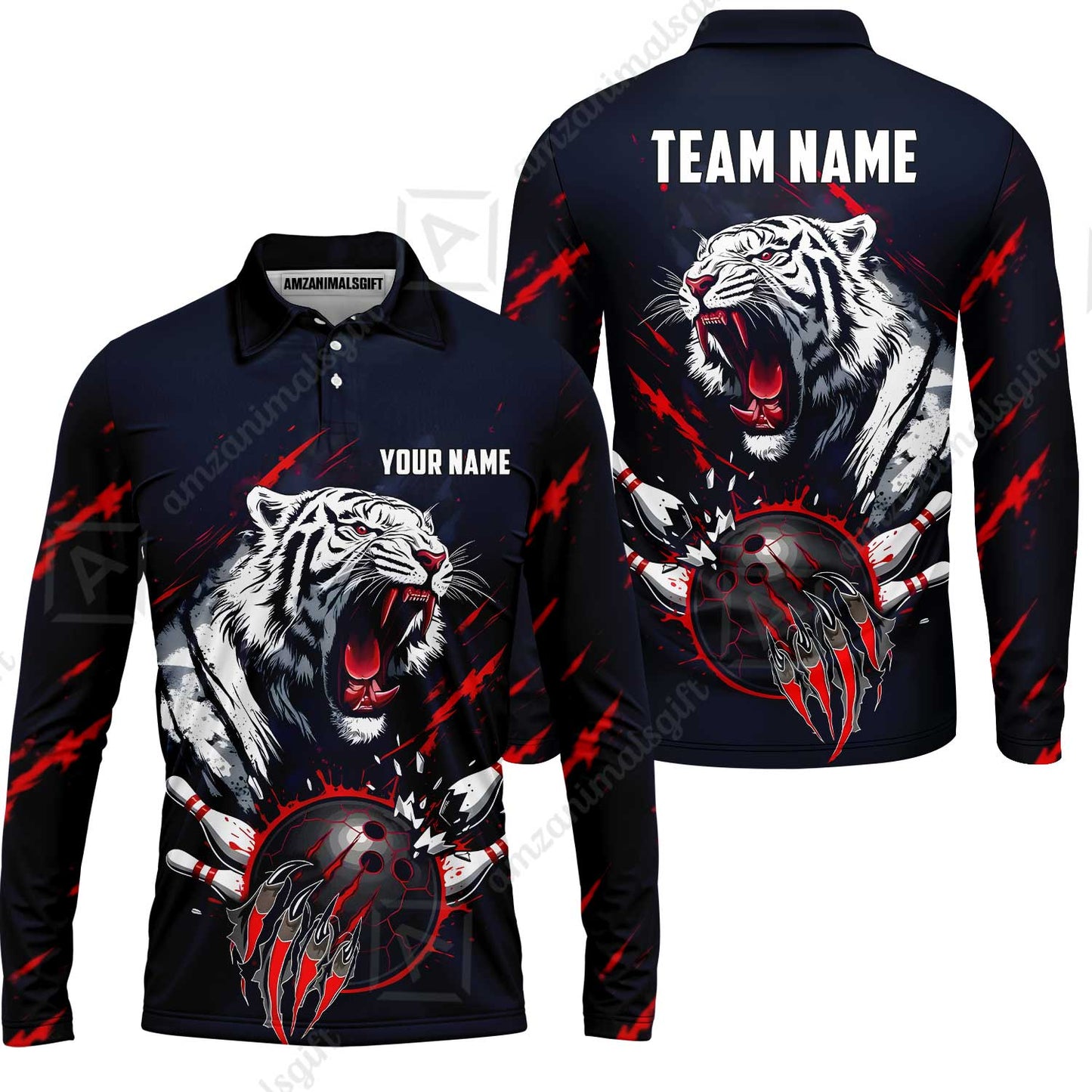 Custom Bowling Jersey Polo Shirt, White Tiger Mascot Bowling, Custom Bowling Jersey Team Shirt For Players With Name & Team Name