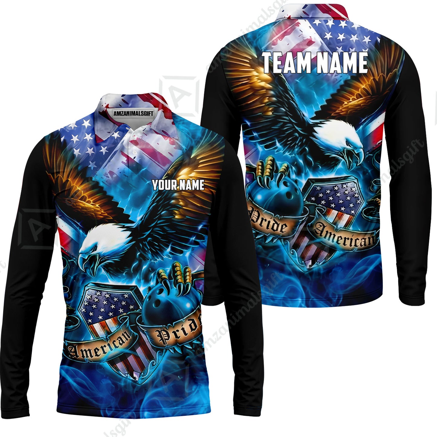 Custom Bowling Jersey Polo Shirt, American Pride Eagle, Personalized Name & Team Name