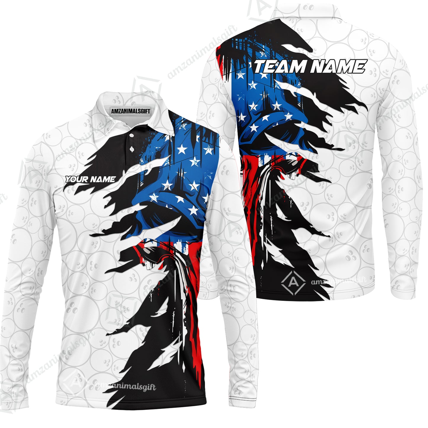 Custom Bowling Jersey Polo Shirt, Grunge USA Flag Bowling Custom Bowling Jersey Team Shirt For Players With Name & Team Name