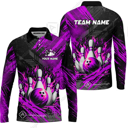 Custom Bowling Team Quarter-Zip Polo Shirt, Personalized Flame Bowling Jersey with Name & Team Name for Men & Women