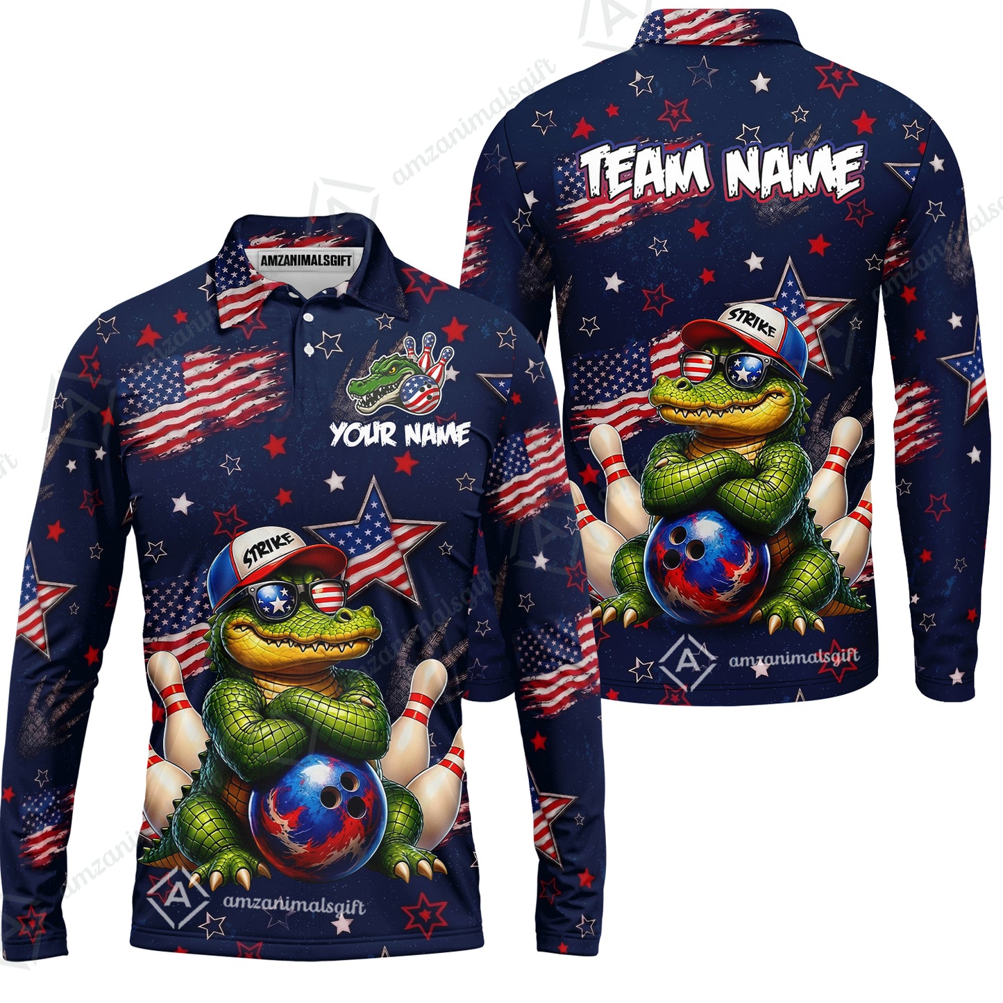 Custom Bowling Jersey Polo Shirt, Cool Patriotic Alligator Mascot, Custom Bowling Jersey Team Shirt For Players With Name and Team Name