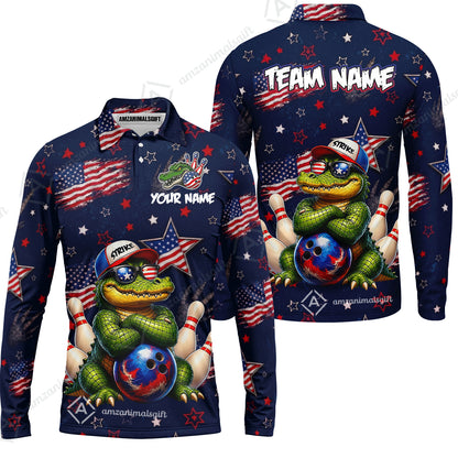 Custom Bowling Jersey Polo Shirt, Cool Patriotic Alligator Mascot, Custom Bowling Jersey Team Shirt For Players With Name and Team Name