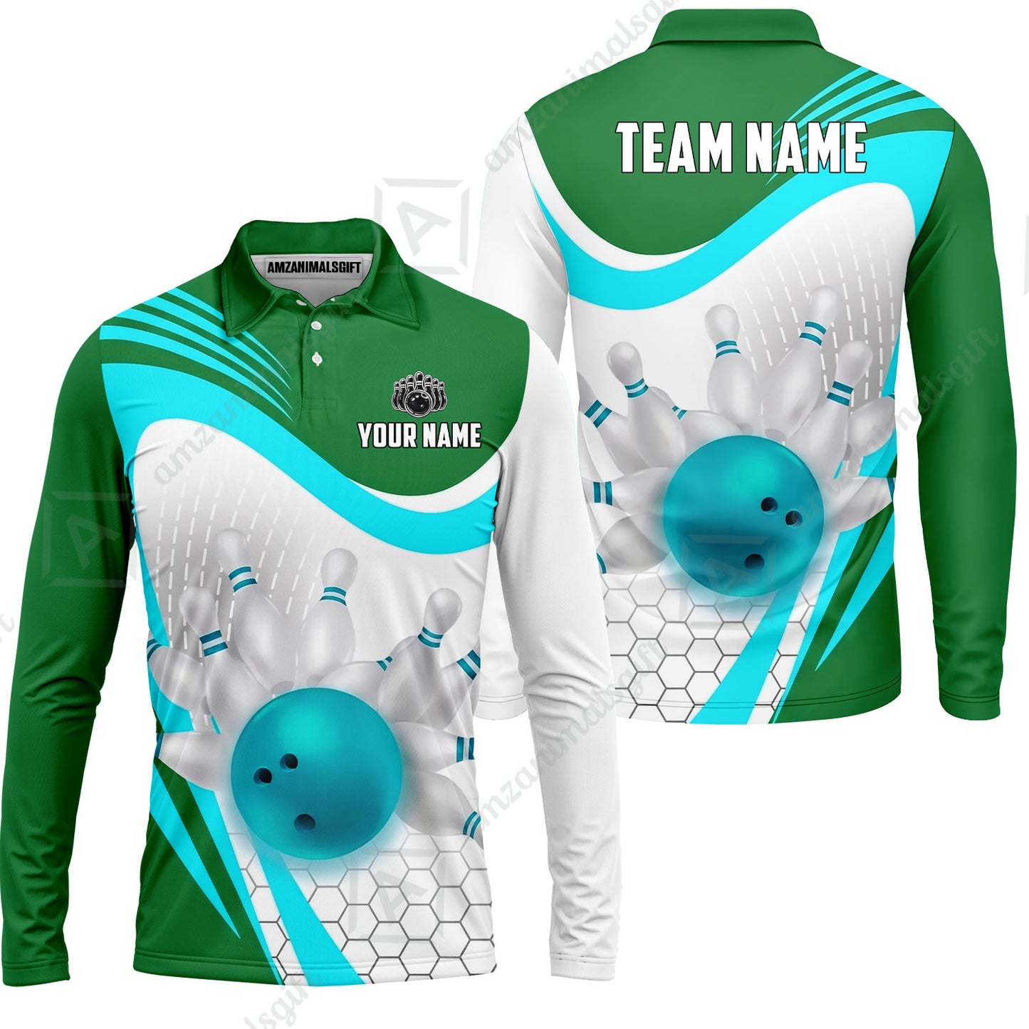 Custom Bowling Jersey Polo Shirt, Geometric Streamline & Fresh Mint, Custom Bowling Jersey Team Shirt For Players With Name & Team Name