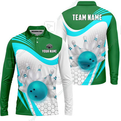 Custom Bowling Jersey Polo Shirt, Geometric Streamline & Fresh Mint, Custom Bowling Jersey Team Shirt For Players With Name & Team Name