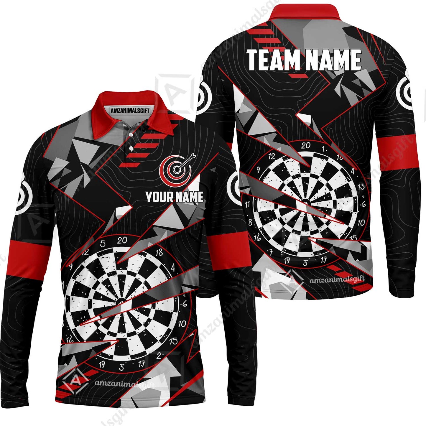 Custom Darts Team Jersey Unisex Polo Shirts, Custom Black Red Grunge Darts Team Jerseys Uniform, Personalized Name And Team Name