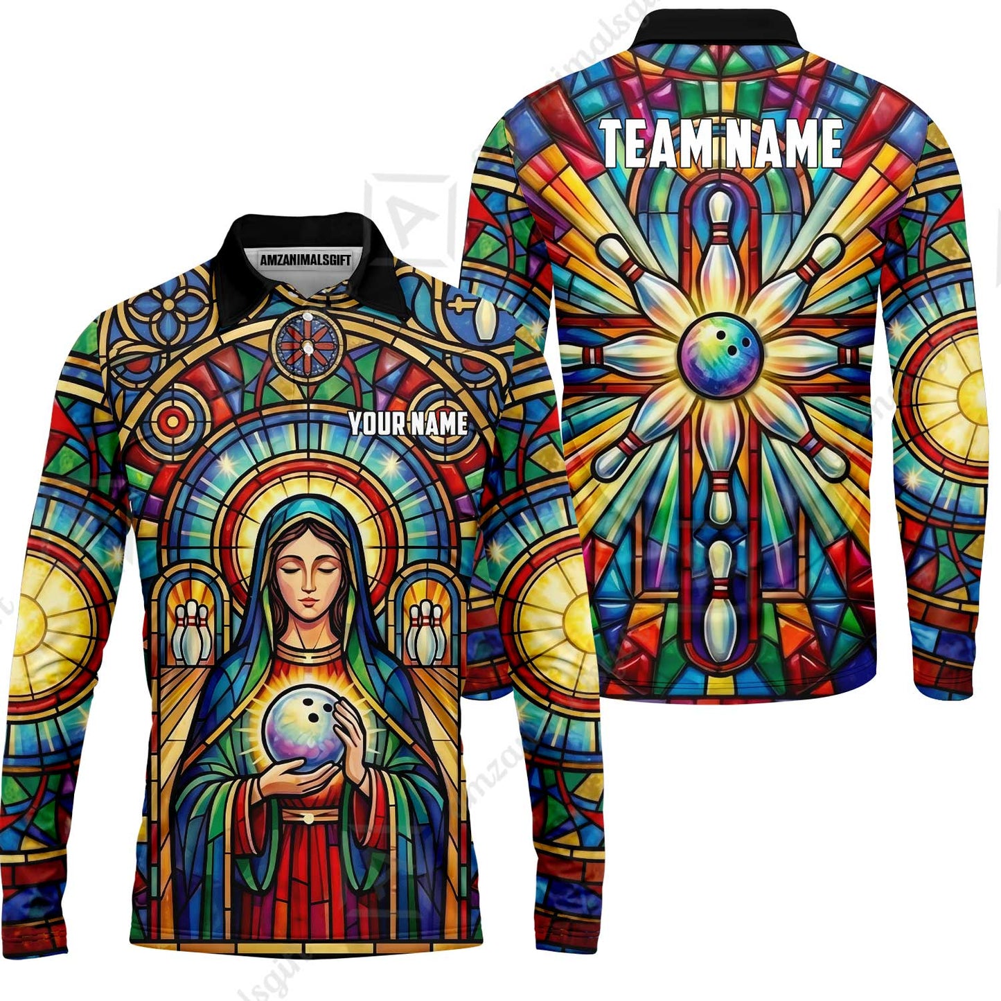 Custom Bowling Jersey Polo Shirt, Stained Glass Sacred Strike, Custom Bowling Jersey Team Shirt For Players With Name & Team Name