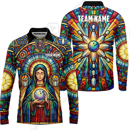 Custom Bowling Jersey Polo Shirt, Stained Glass Sacred Strike, Custom Bowling Jersey Team Shirt For Players With Name & Team Name