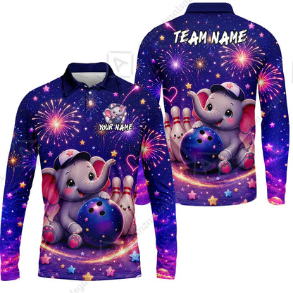 Custom Bowling Jersey Polo Shirt, Cute Elephant Holding Ball, Personalize Name and Team Name