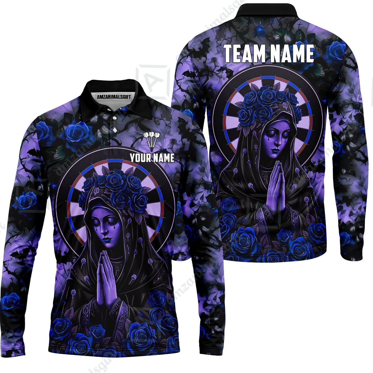 Custom Darts Jersey Polo Shirt, Gothic Madonna And Blue Rose, Custom Dart Jersey Team Shirt For Players With Name & Team Name