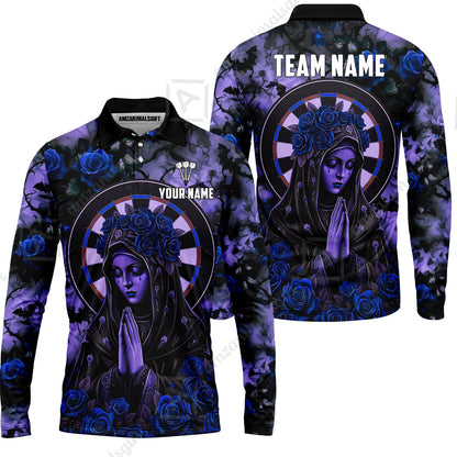 Custom Darts Jersey Polo Shirt, Gothic Madonna And Blue Rose, Custom Dart Jersey Team Shirt For Players With Name & Team Name