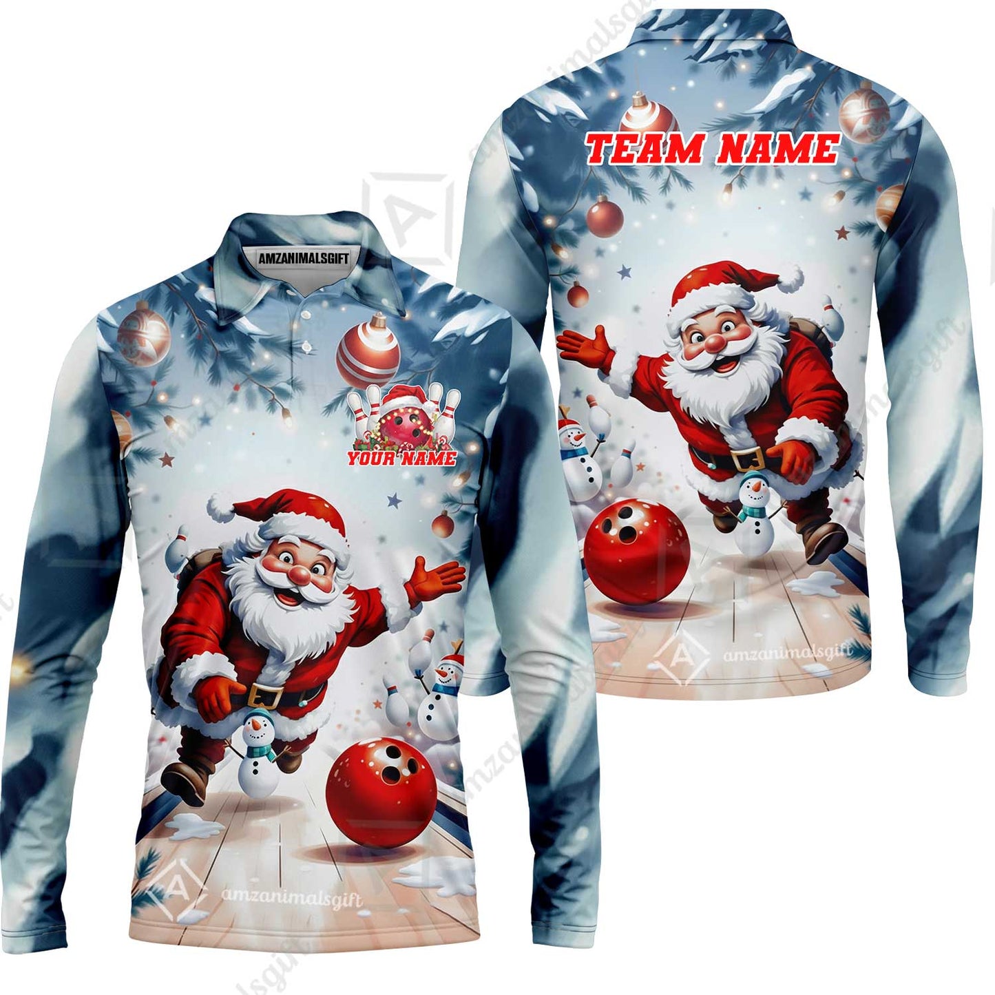 Custom Funny Santa Playing Bowling Team Jerseys Polo Shirts, Christmas Bowling uniforms - Bowling Polo Personalized Name And Team Name