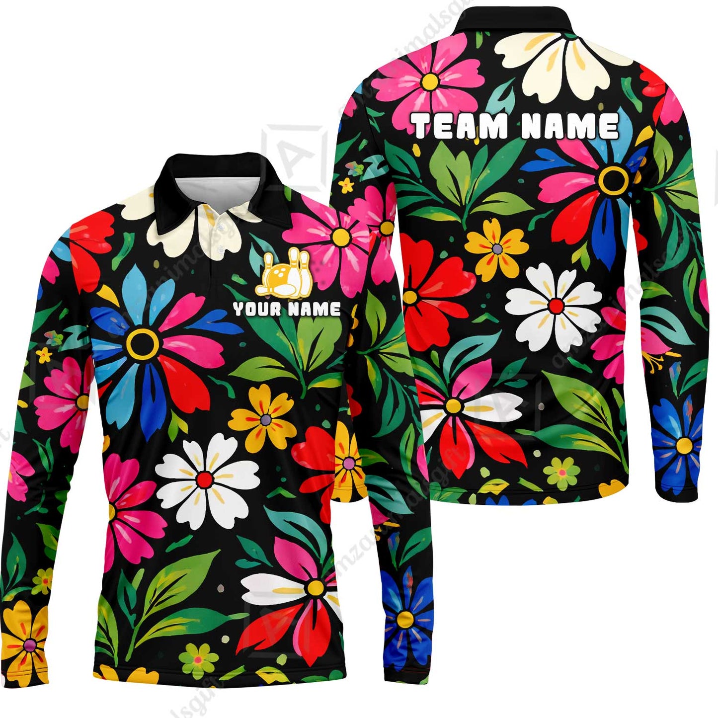 Custom Bowling Jersey Polo Shirt, Vibrant Summer Bloom Floral, Custom Bowling Jersey Team Shirt For Players With Name and Team Name