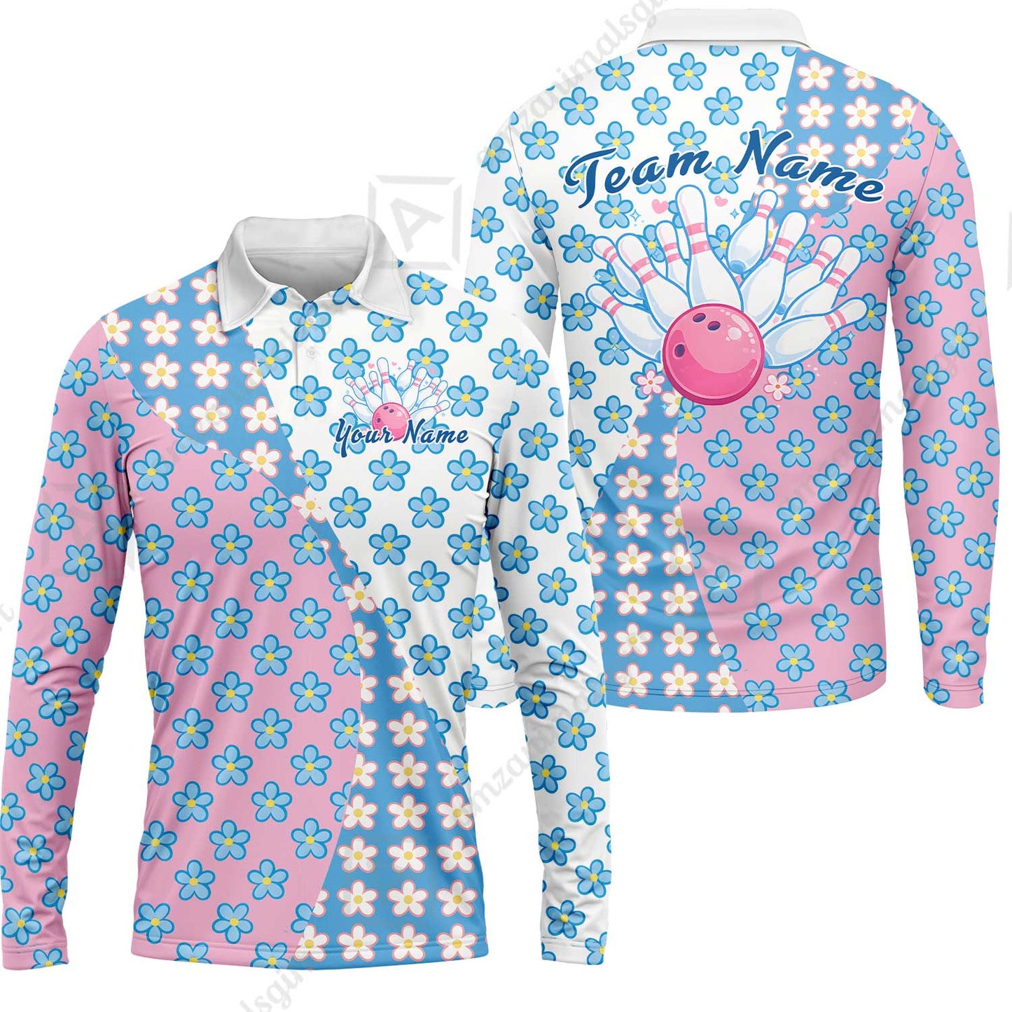 Custom Bowling Jersey Polo Shirt, Pastel Retro Flower Power Bloom, Custom Bowling Jersey Team Shirt For Players With Name and Team Name