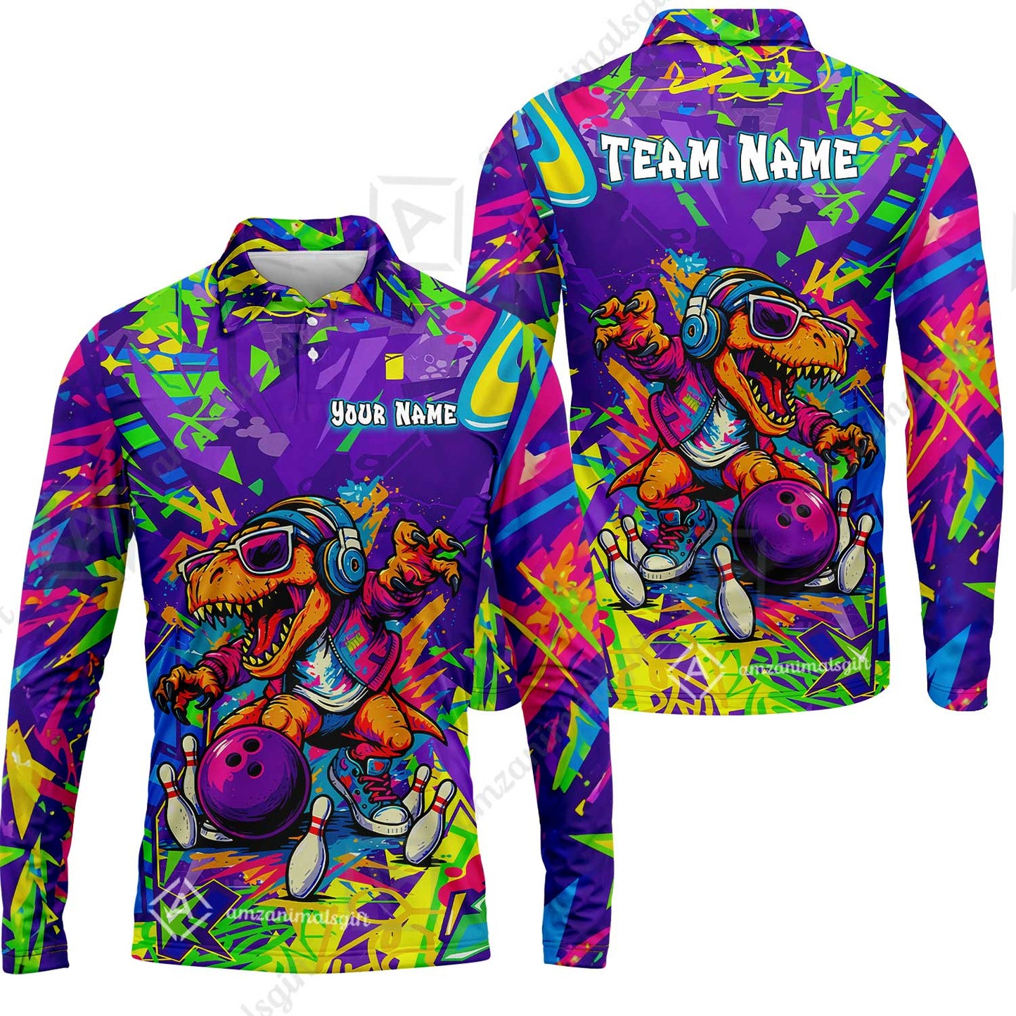 Custom Bowling Jersey Polo Shirt, Vibrant Neon Graffiti DJ T-Rex, Custom Bowling Jersey Team Shirt For Players With Name and Team Name