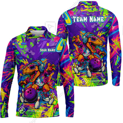Custom Bowling Jersey Polo Shirt, Vibrant Neon Graffiti DJ T-Rex, Custom Bowling Jersey Team Shirt For Players With Name and Team Name