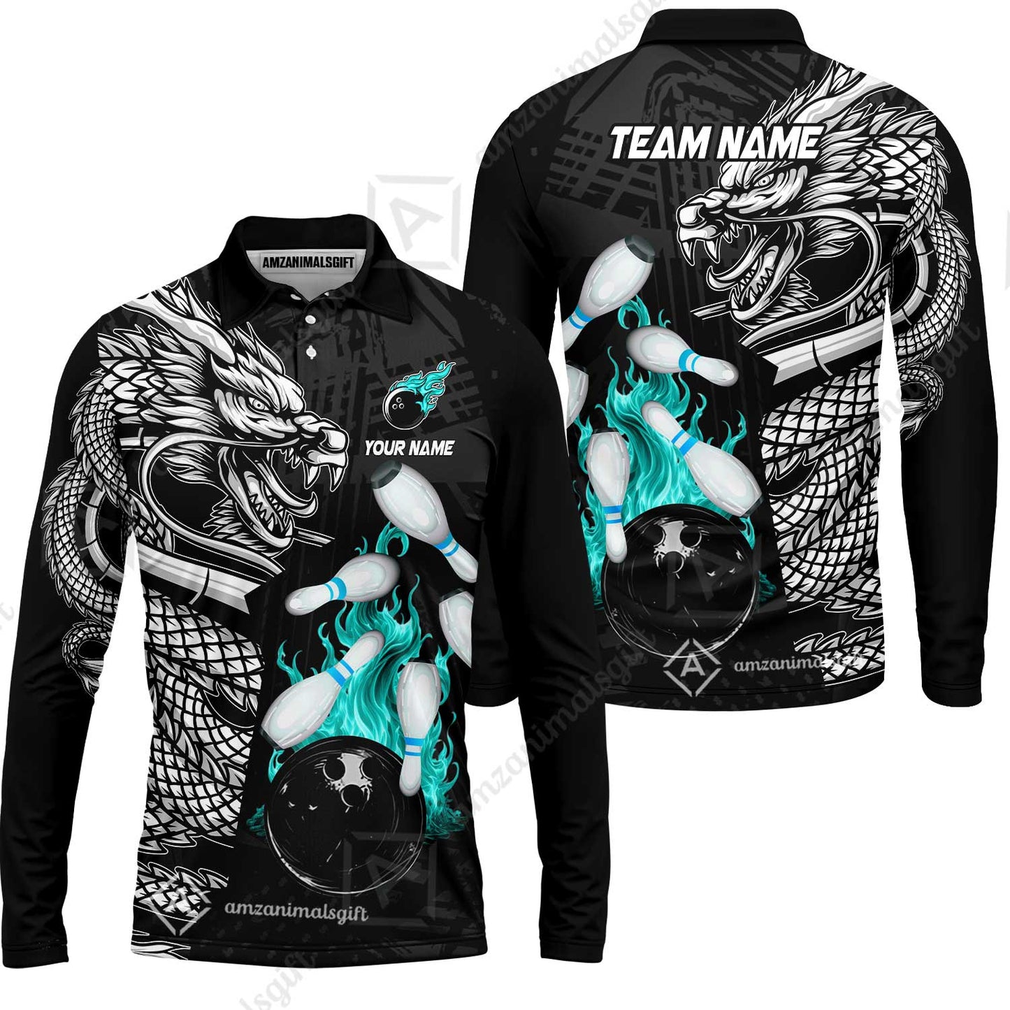 Custom Bowling Team Jerseys Polo Shirts, Bowling uniforms Bowling & Pins Dragon Flame Fire Multicolor Options Personalized Name And Team Name